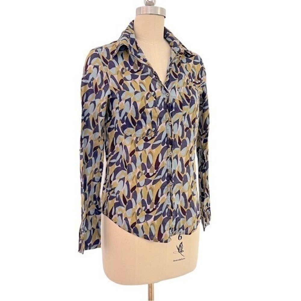 JNBY Abstract Geometric Print 100% Cotton Button Up Shirt Blue Tan Size S - Picture 2 of 11